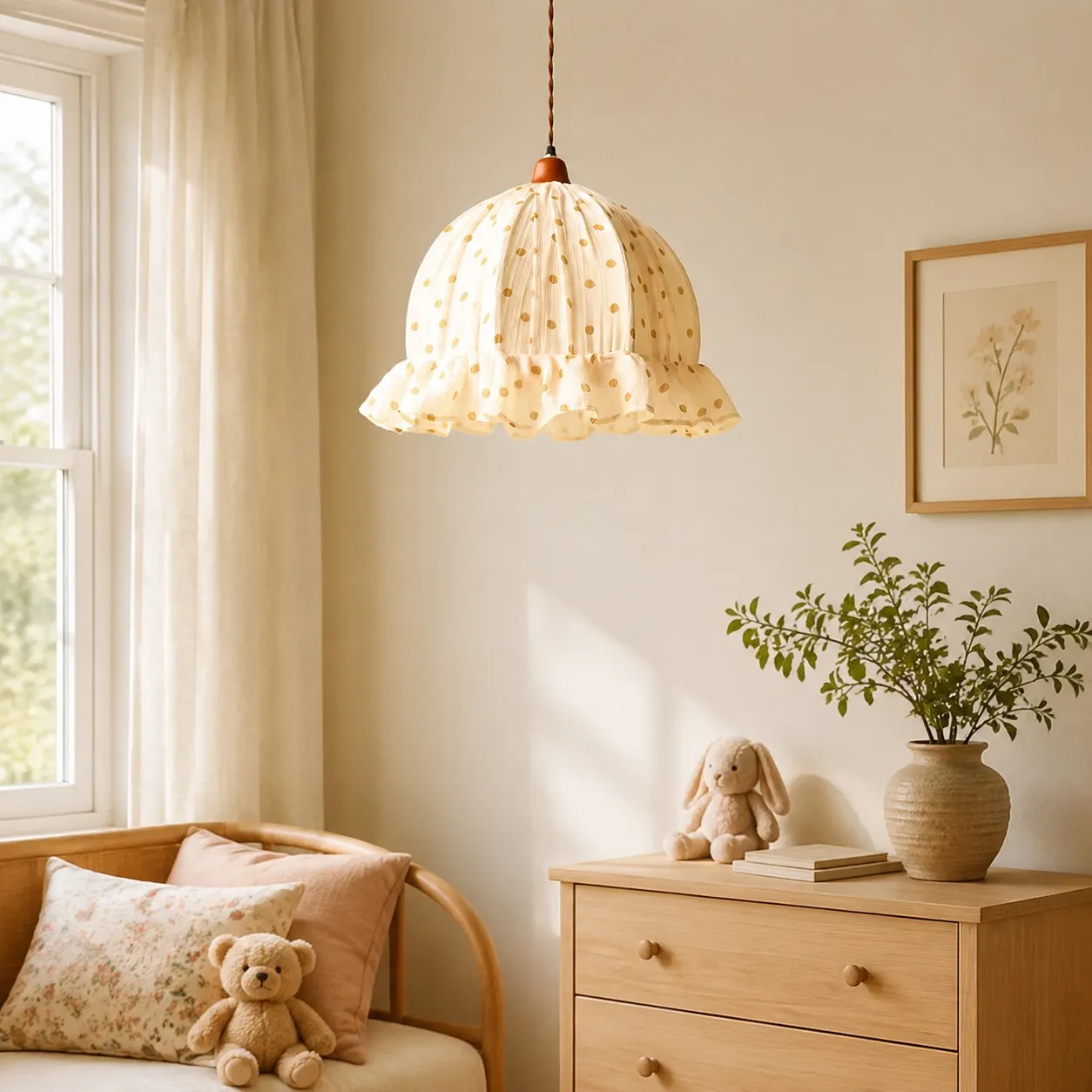 Fabric pendant lamp in a calm bedroom setting