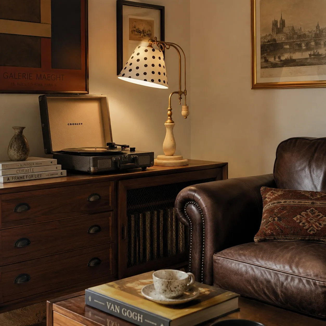 Beige Fabric vintage wood and brass-tone table lamp