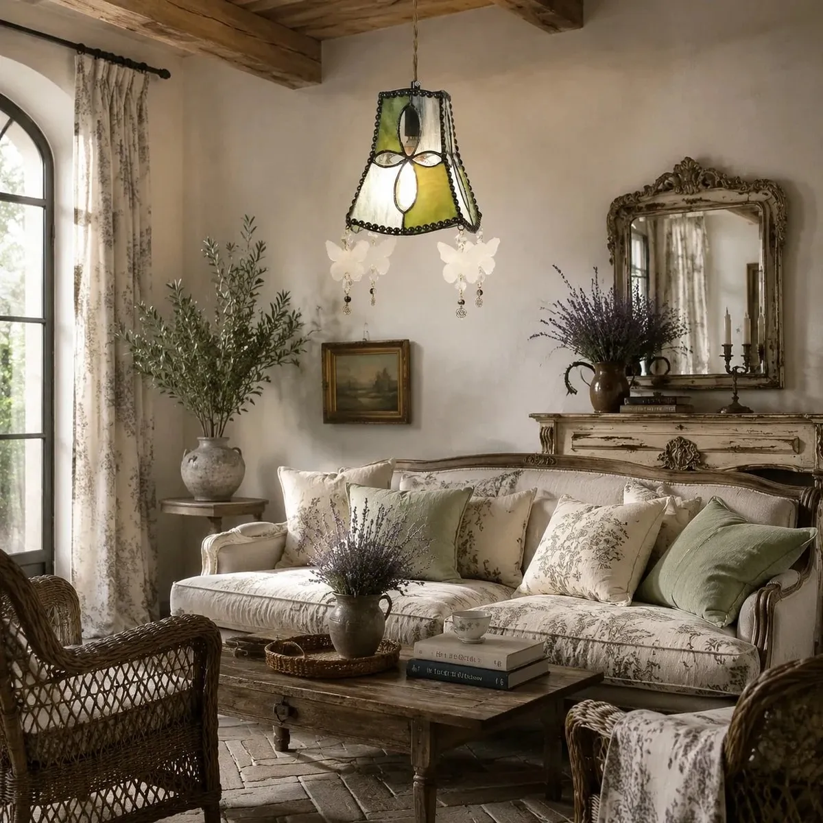 Living room scale scene with green shell pendant