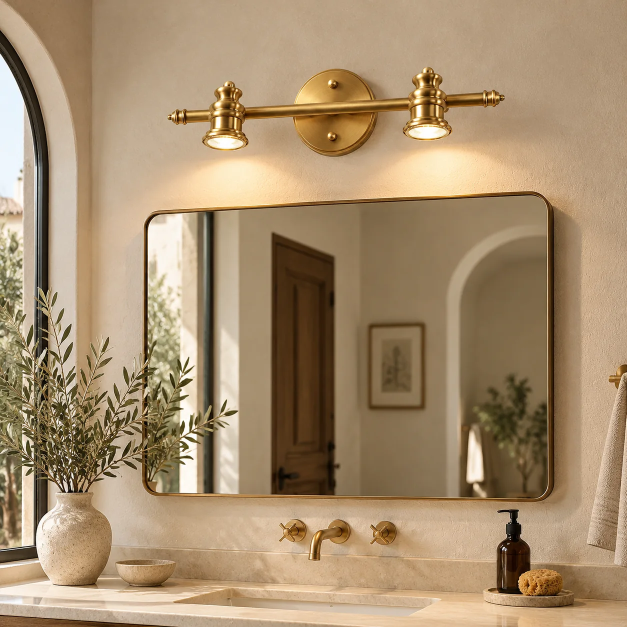 Aurelia Brass Vanity Wall Light with adjustable heads, one to five heads and individual aiming - New2609-1024416 interior scene