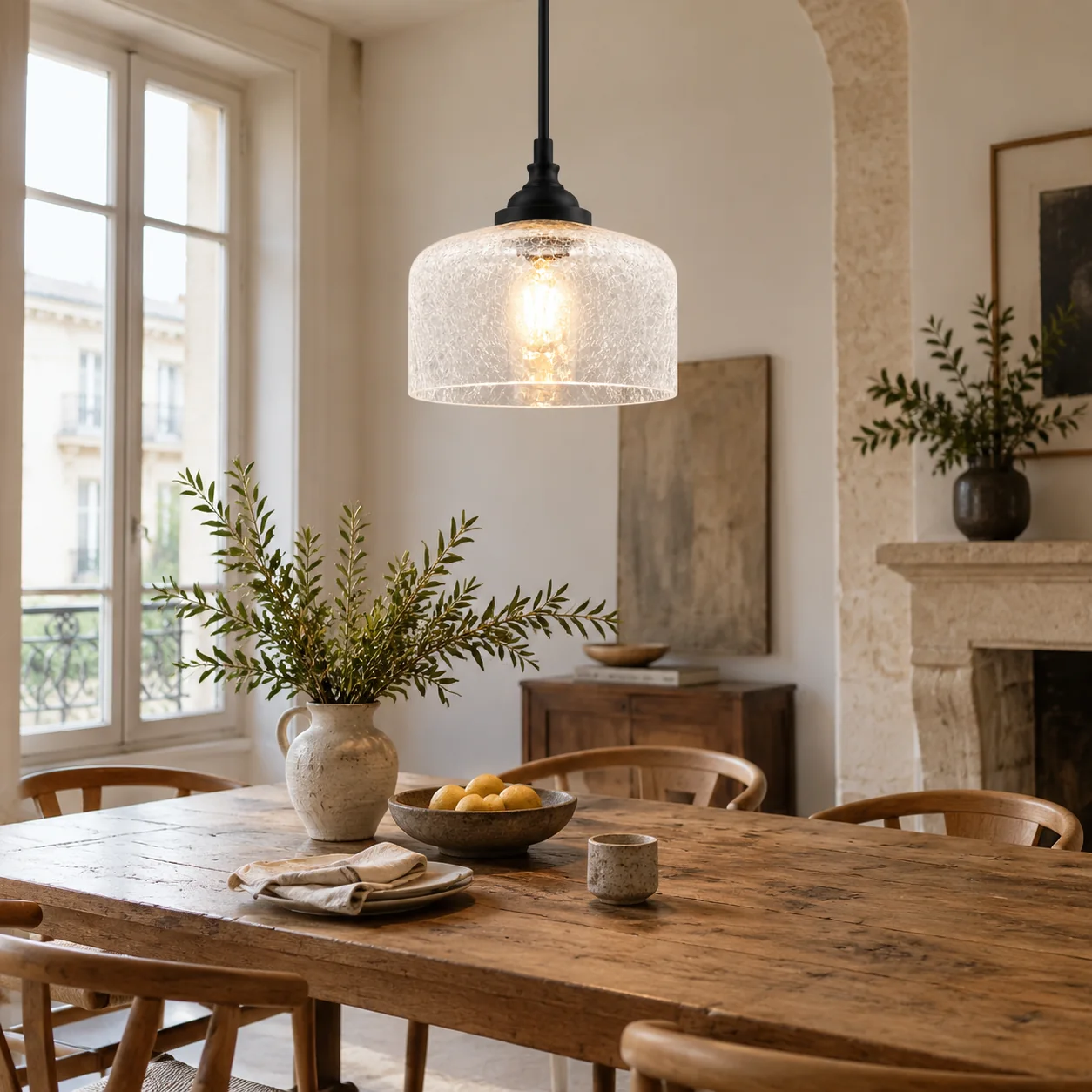 Vintage Glass Pendant Light with adjustable hanging, patterned glass and hammered options - New2609-1024527 interior scene