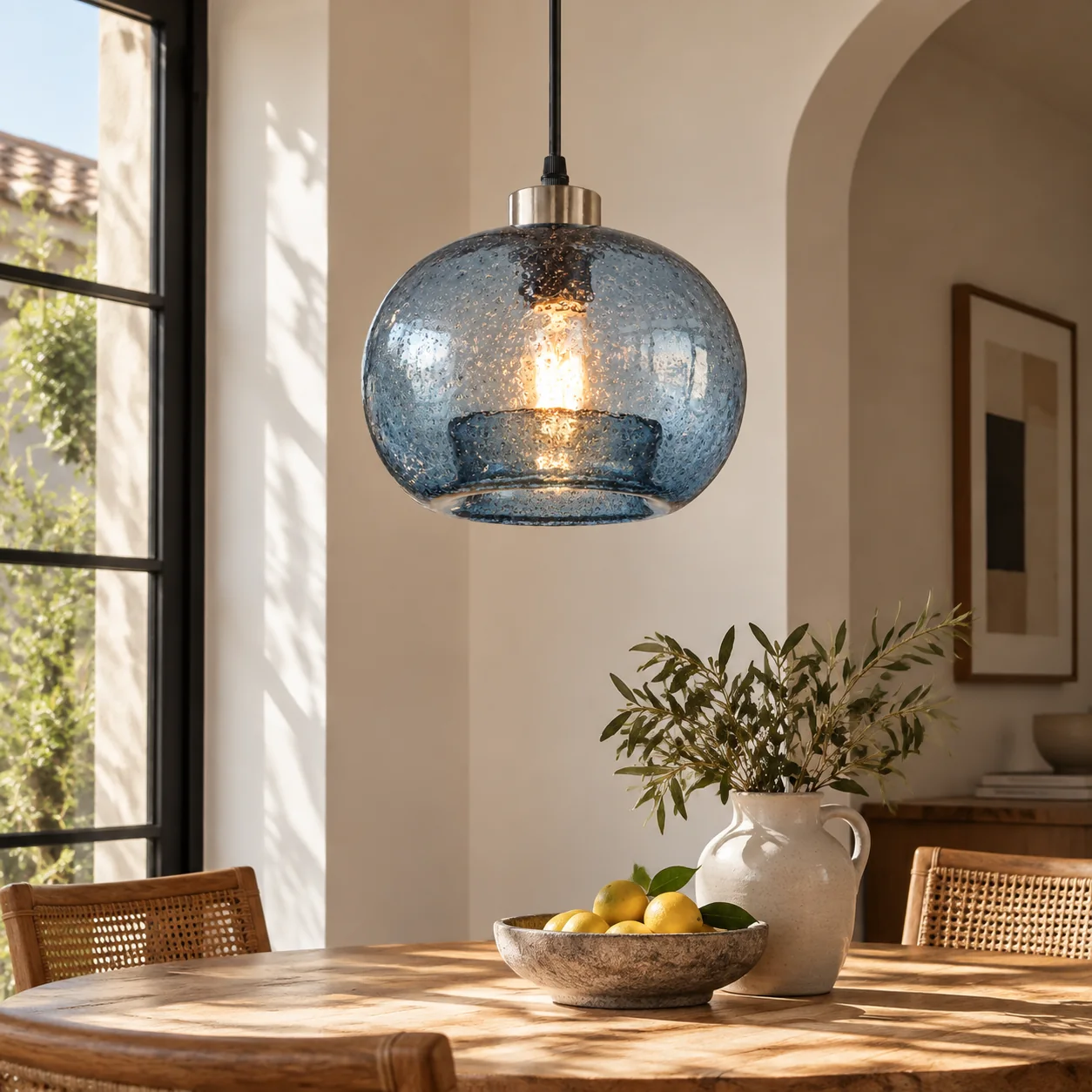 Textured Glass Globe Pendant with an open bottom, marble glass options and a round shade - New2609-1024574 interior scene