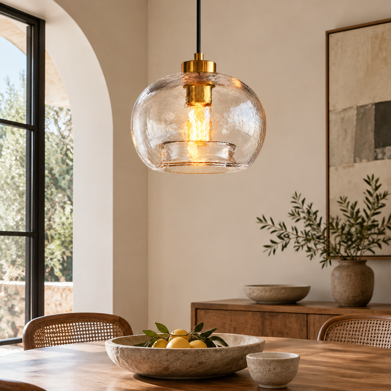Textured Glass Globe Pendant with an open bottom, marble glass options and a round shade - New2609-1024572 interior scene