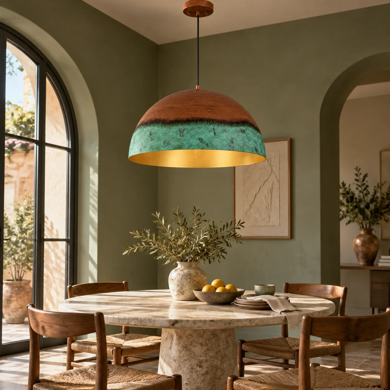 Copper Patina Dome Pendant with a gold interior, textured iron and a metal suspension - New2609-1024556 scene 4