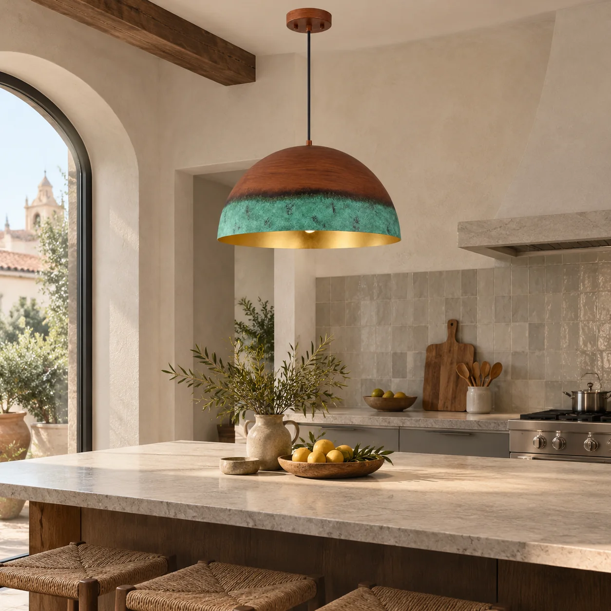 Copper Patina Dome Pendant with a gold interior, textured iron and a metal suspension - New2609-1024557 scene 3