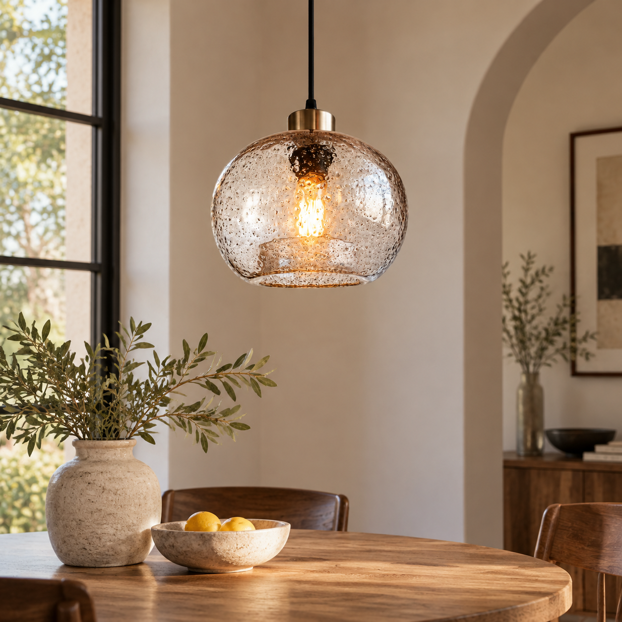 Textured Glass Globe Pendant with an open bottom, marble glass options and a round shade - New2609-1024575 interior scene