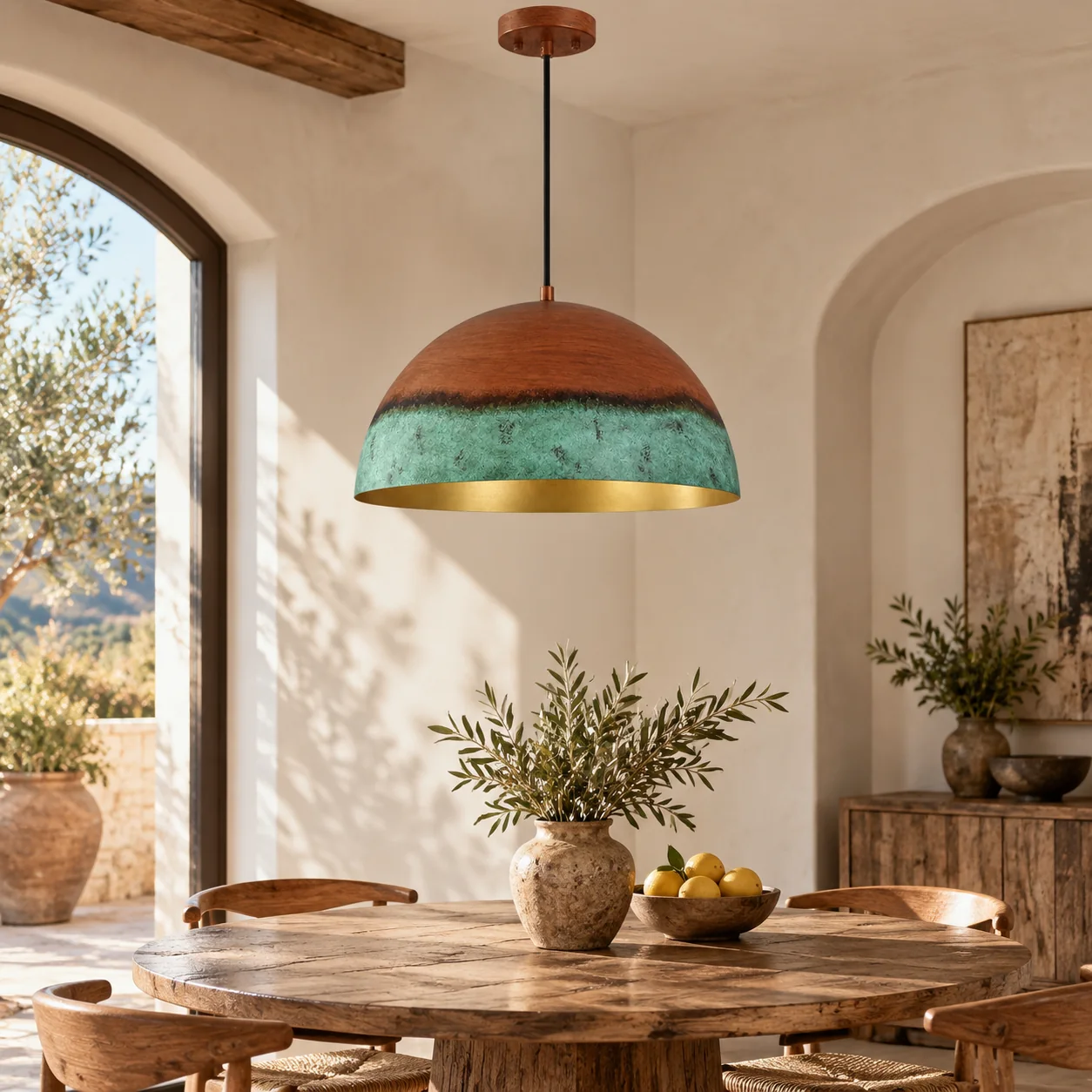 Copper Patina Dome Pendant with a gold interior, textured iron and a metal suspension - New2609-1024556 interior scene