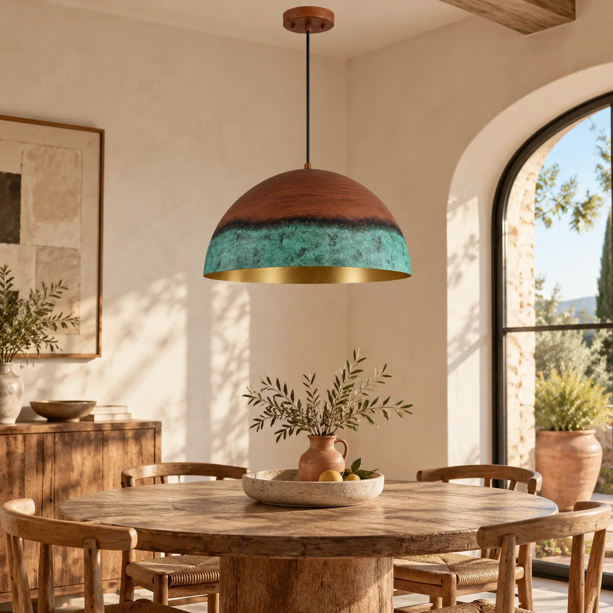 Copper Patina Dome Pendant with a gold interior, textured iron and a metal suspension - New2609-1024557 interior scene