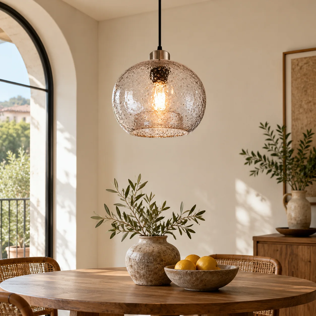 Textured Glass Globe Pendant with an open bottom, marble glass options and a round shade - New2609-1024576 interior scene