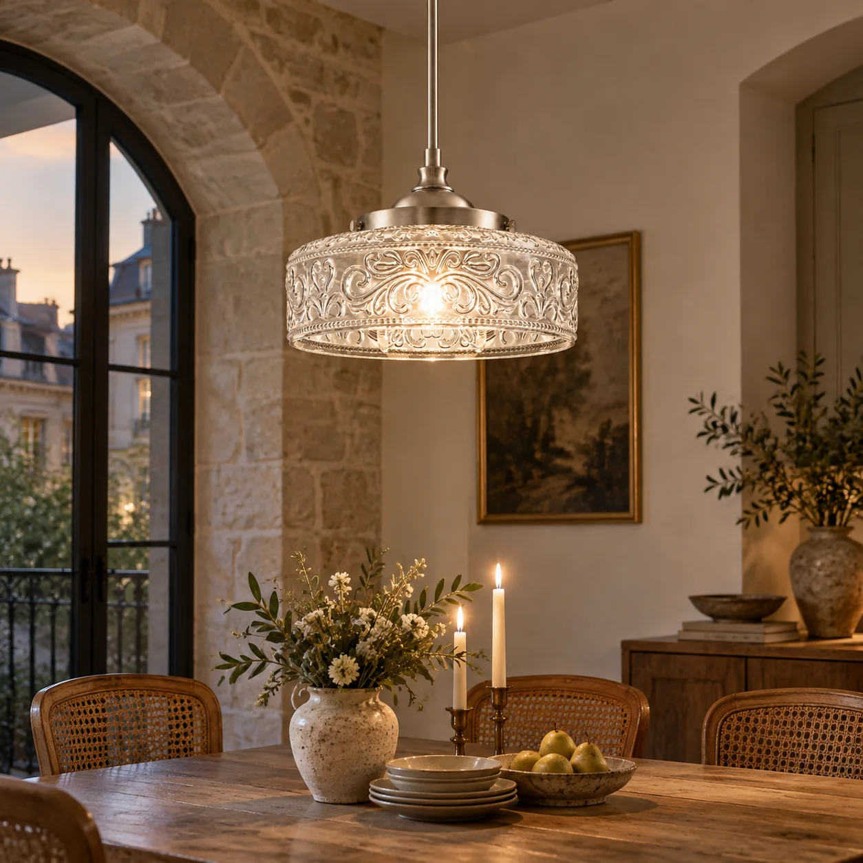Vintage Glass Pendant Light with adjustable hanging, patterned glass and hammered options - New2609-1024541 interior scene