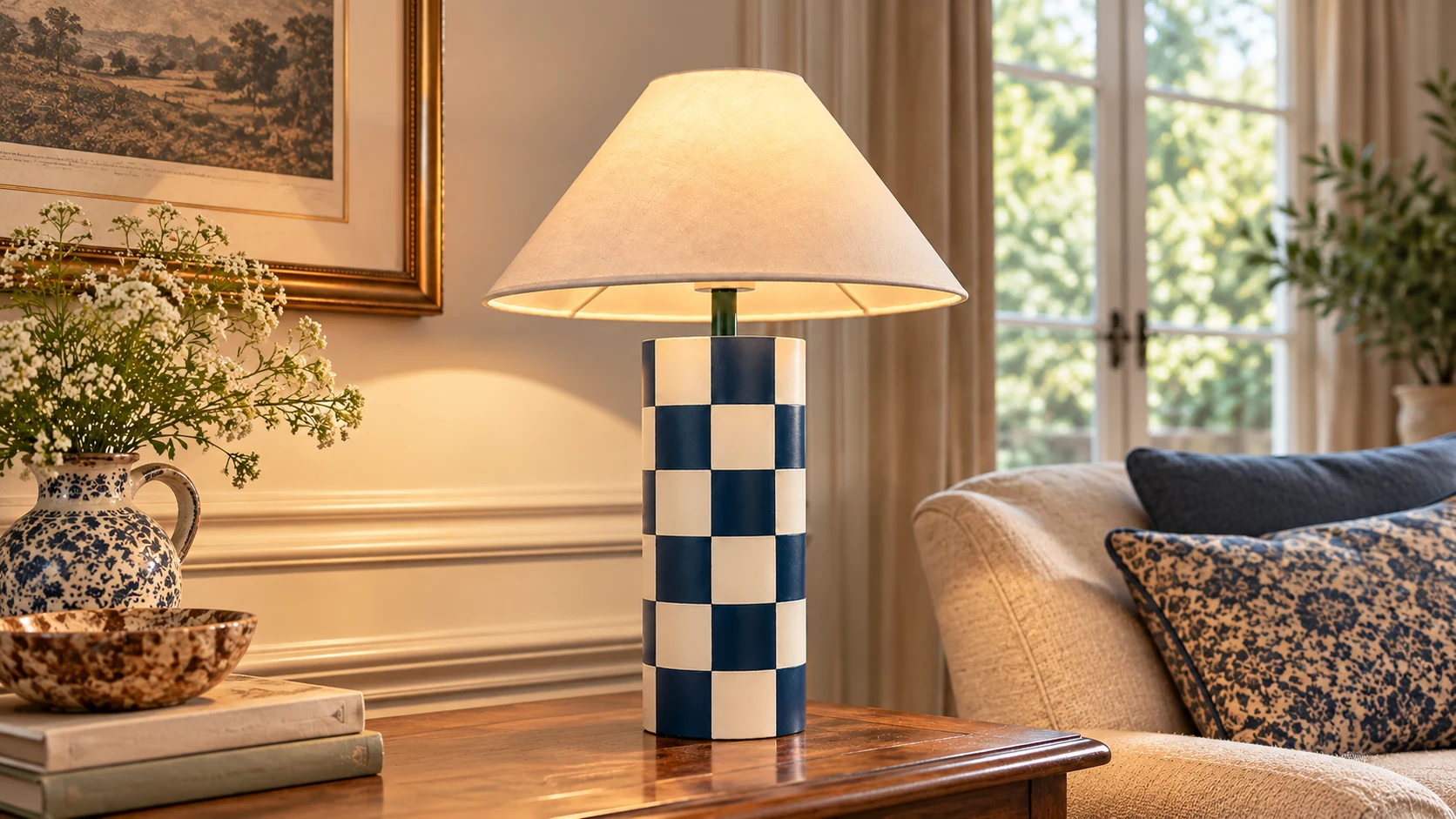 Blue-and-white checkerboard ceramic table lamp with a cream fabric shade in a room setting