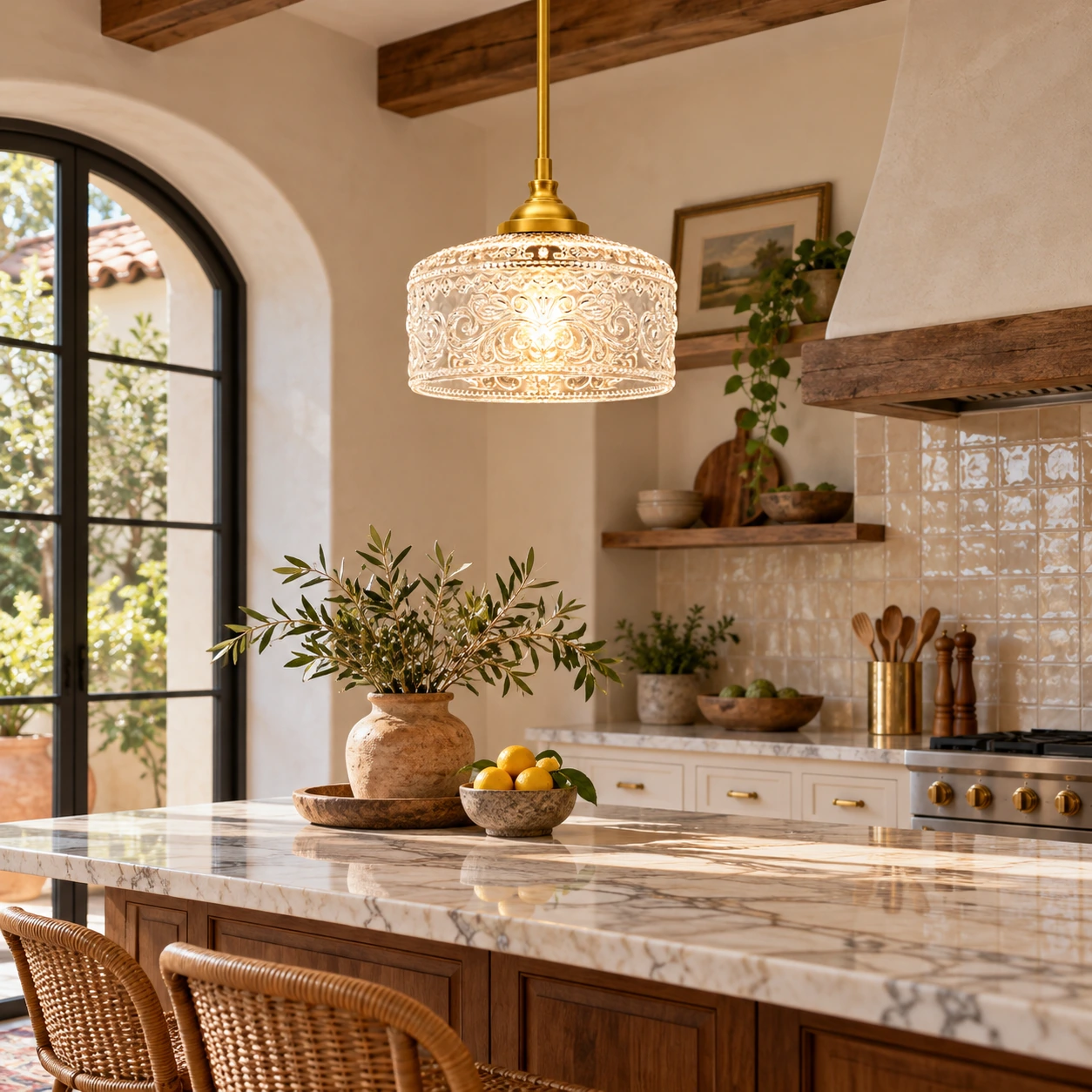 Vintage Glass Pendant Light with adjustable hanging, patterned glass and hammered options - New2609-1024536 interior scene