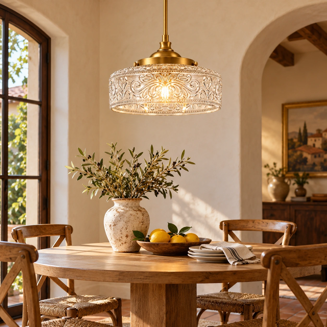 Vintage Glass Pendant Light with adjustable hanging, patterned glass and hammered options - New2609-1024545 interior scene