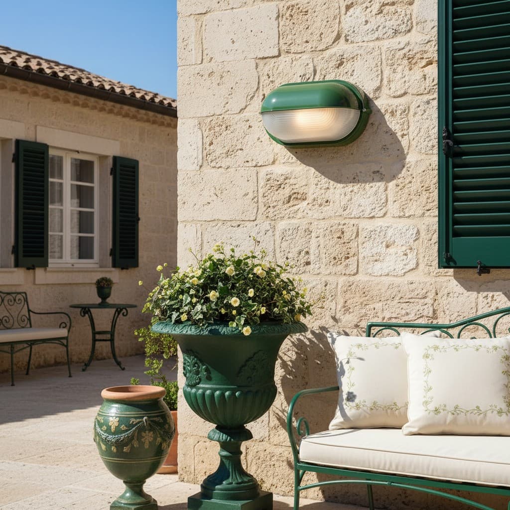 Docka green outdoor wall lamp on stone exterior