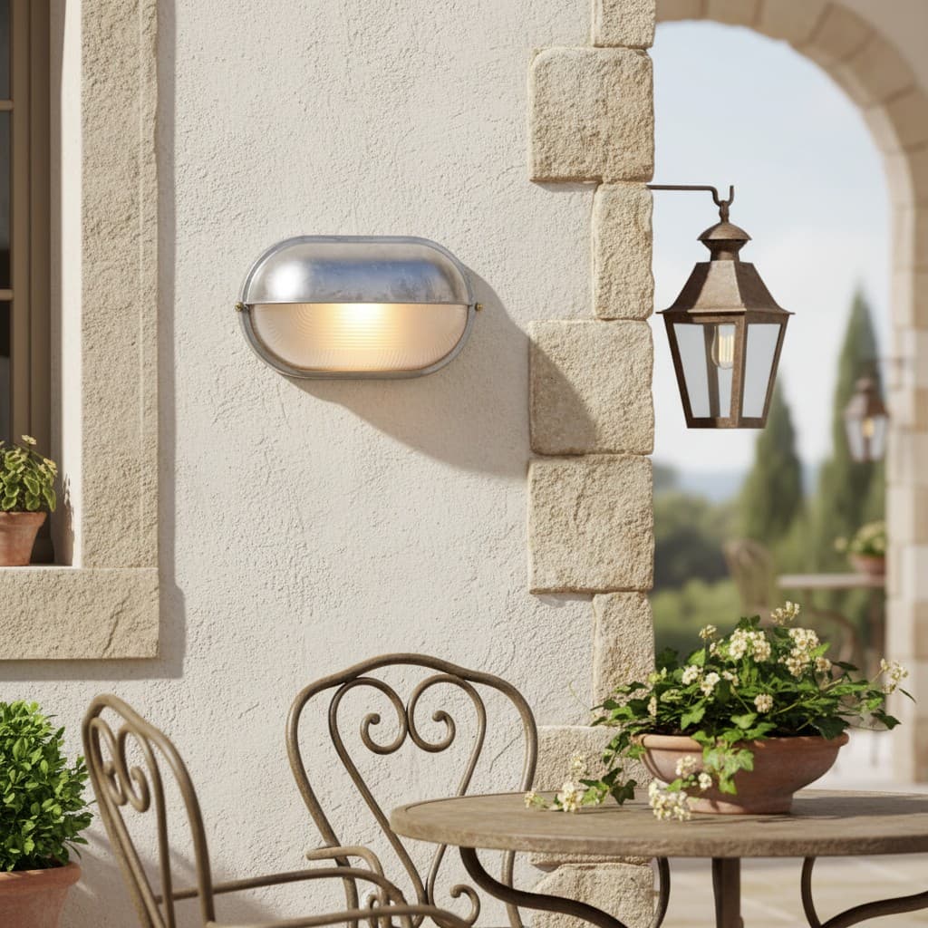 Docka exterior wall light beside patio seating