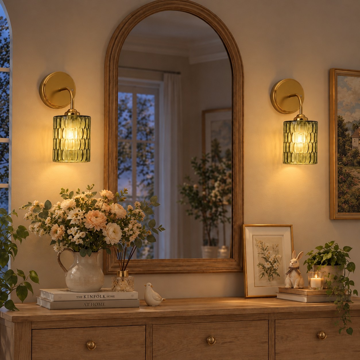 Green hammered-glass sconces on a wood console, lights on